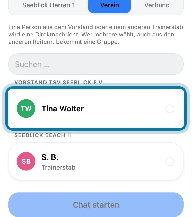 Tippe auf die Person, der du schreiben willst, den Vorstand findest du ganz oben.