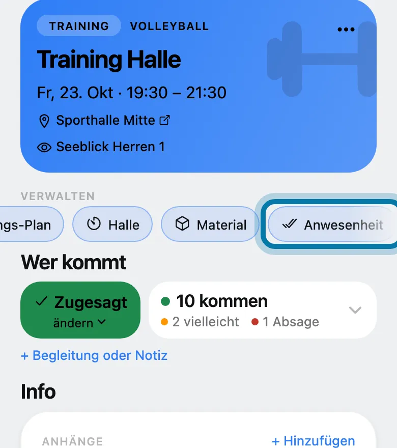 Tippe oben bei Verwalten auf Anwesenheit.