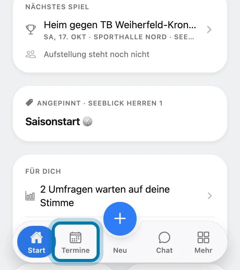 Tippe unten auf Termine, dort stehen alle Termine deines Teams.