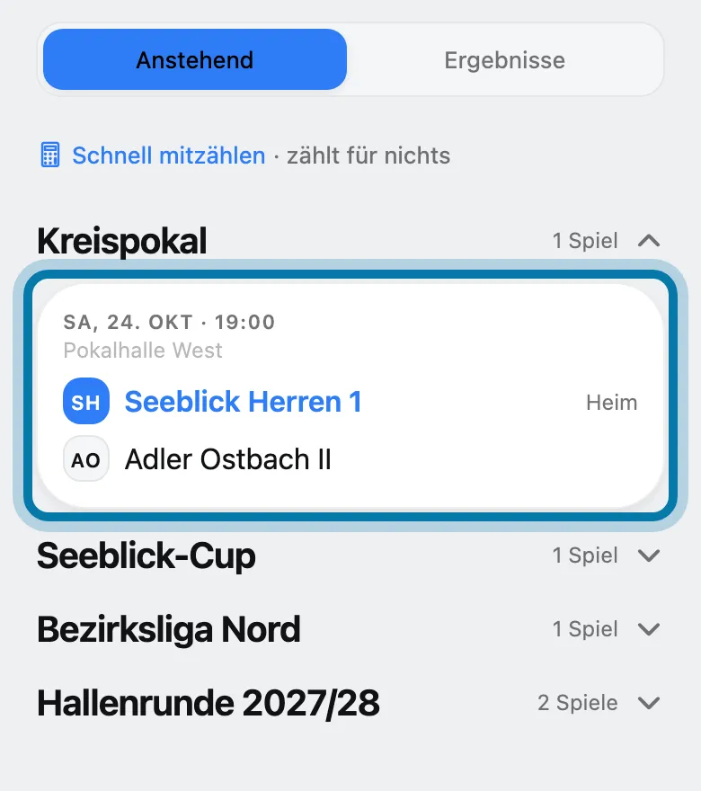 Öffne unter Mehr › Sport › Spiele & Ergebnisse das Spiel.