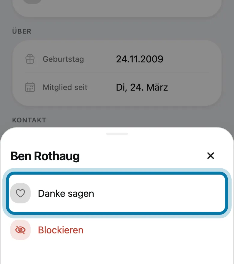 Tippe auf Danke sagen, wähle, wofür, und tippe unten auf Danke sagen.