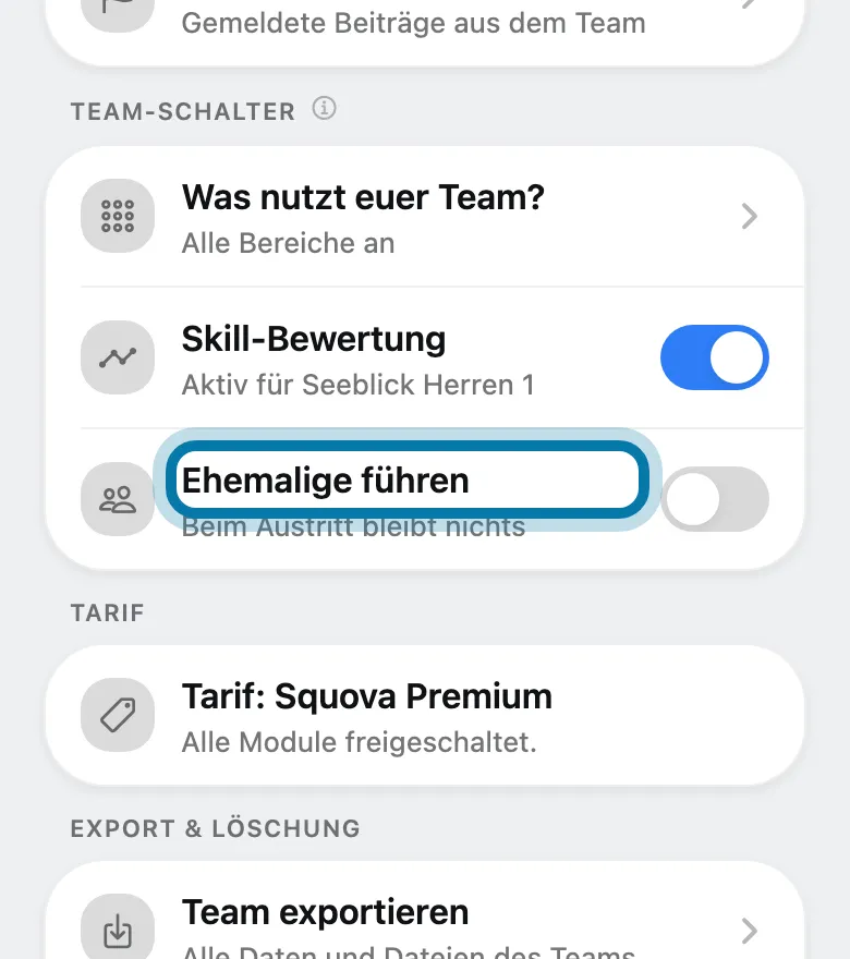 Schalte unter Team-Schalter den Schalter Ehemalige führen ein.
