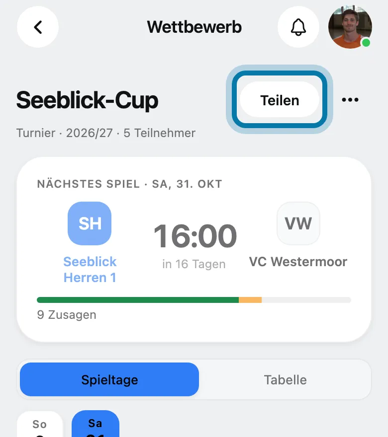 Tippe oben auf Teilen.