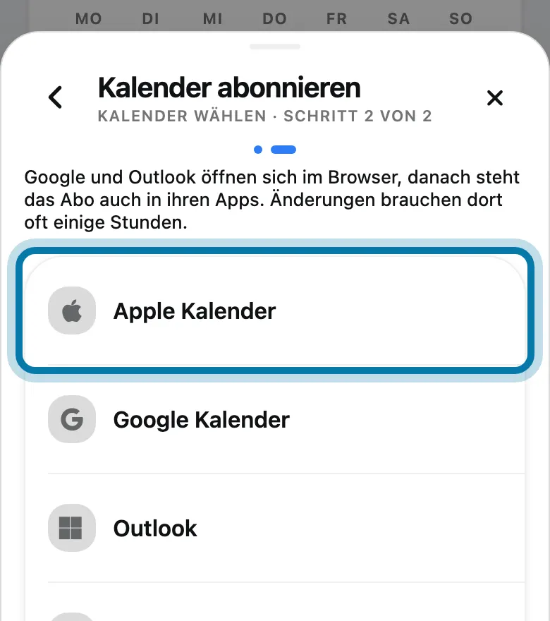 Wähle deinen Kalender, etwa Apple Kalender oder Google Kalender.