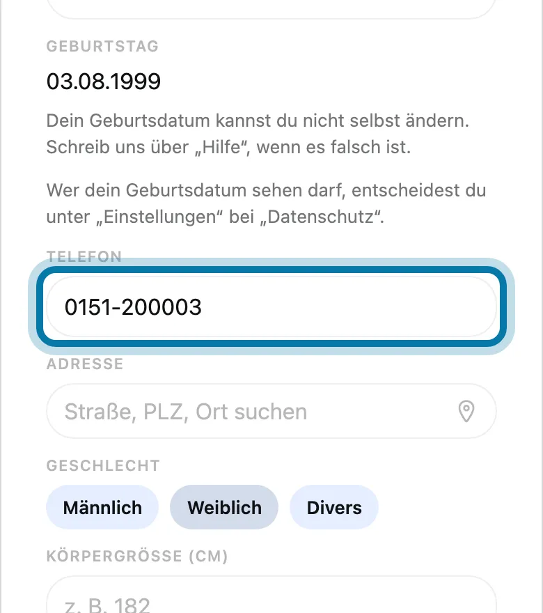 Trag bei Telefon deine Nummer ein.