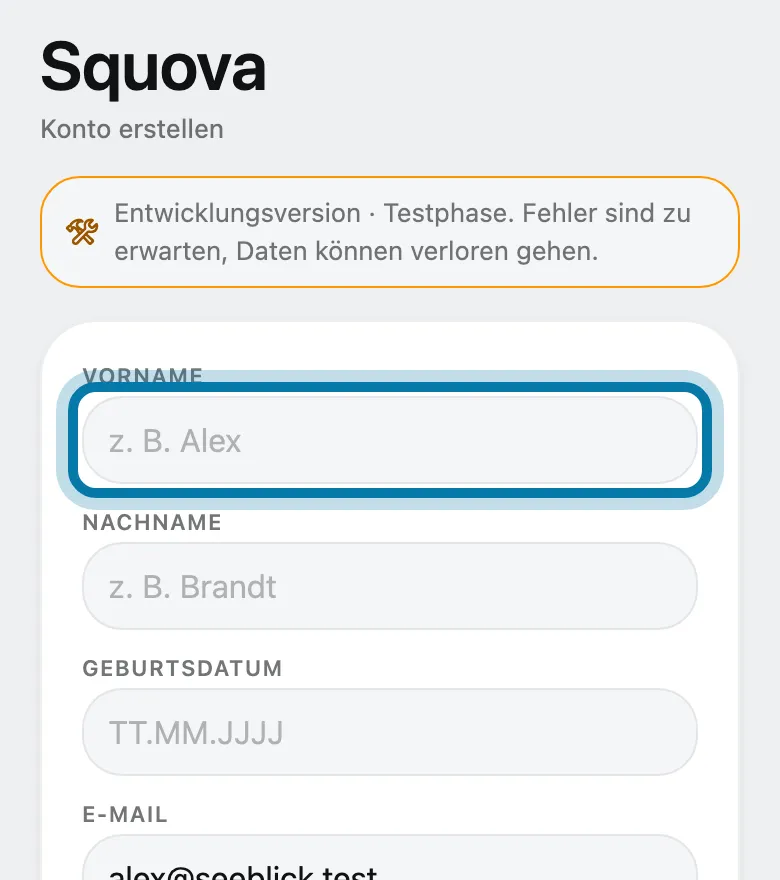 Trag Vorname, Nachname und Geburtsdatum ein.