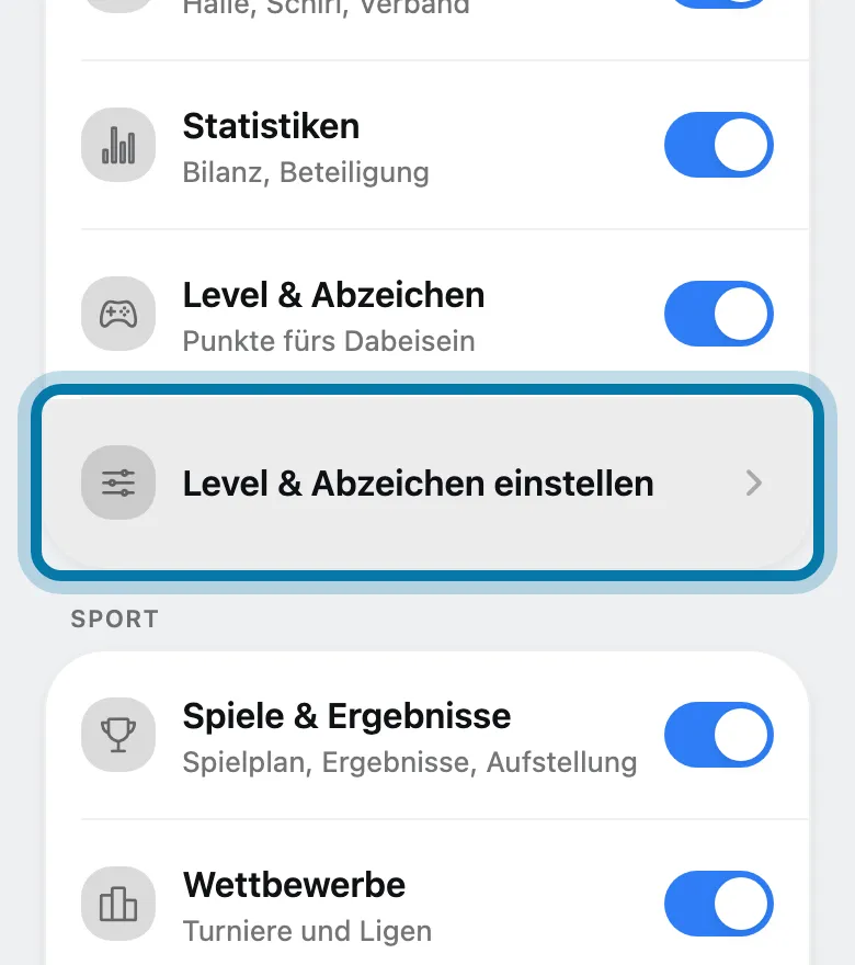 Tippe unter Level & Abzeichen auf Level & Abzeichen einstellen.