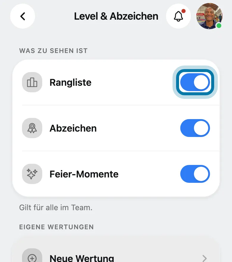 Schalte unter Was zu sehen ist etwa die Rangliste aus.