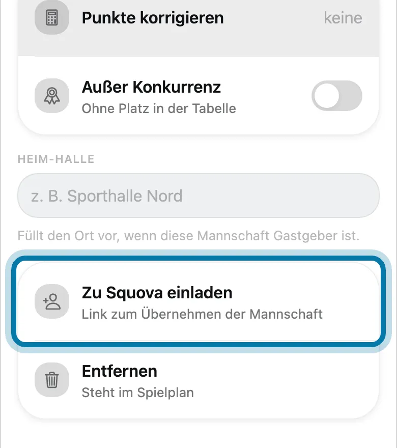 Tippe auf Zu Squova einladen und wähle, wie du den Link schickst.