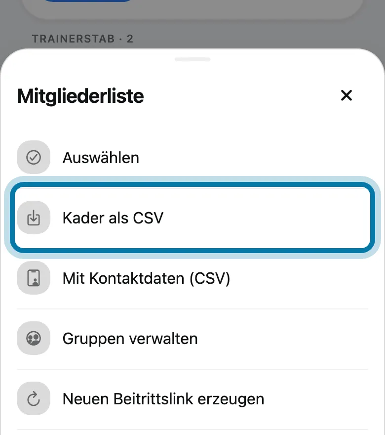 Tippe auf Kader als CSV.