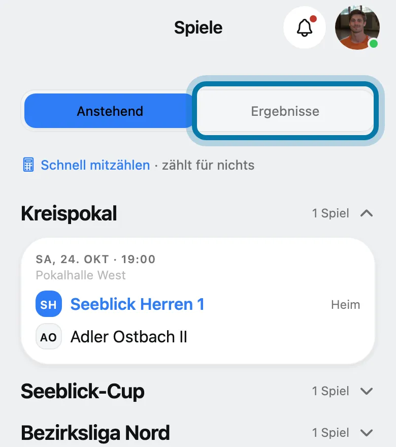 Tippe unter Mehr › Sport › Spiele & Ergebnisse oben auf Ergebnisse.