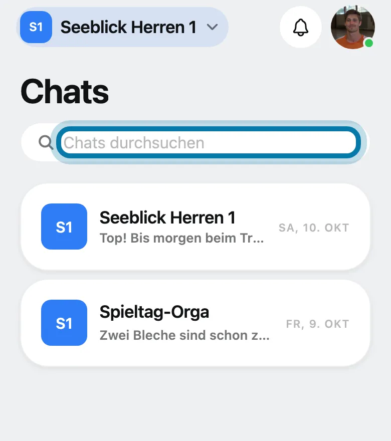 Gib oben bei Chats durchsuchen ein Wort aus der Nachricht ein.