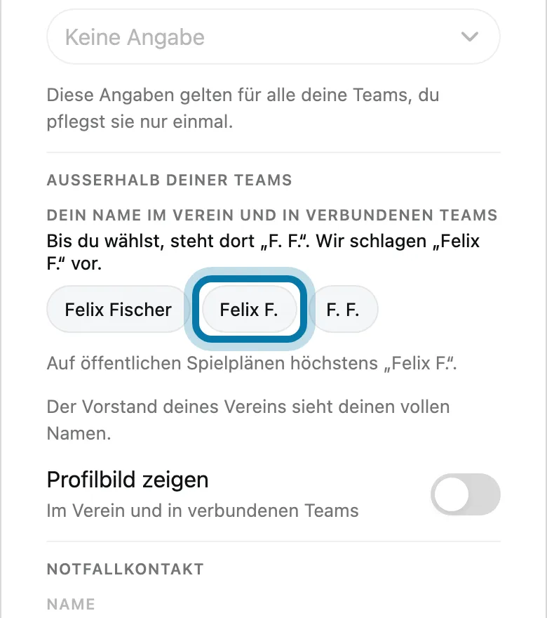 Wähle unter Außerhalb deiner Teams, wie dein Name dort steht.