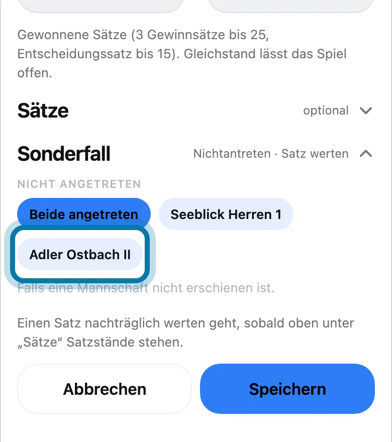 Tippe unter Nicht angetreten auf die Mannschaft, die gefehlt hat.