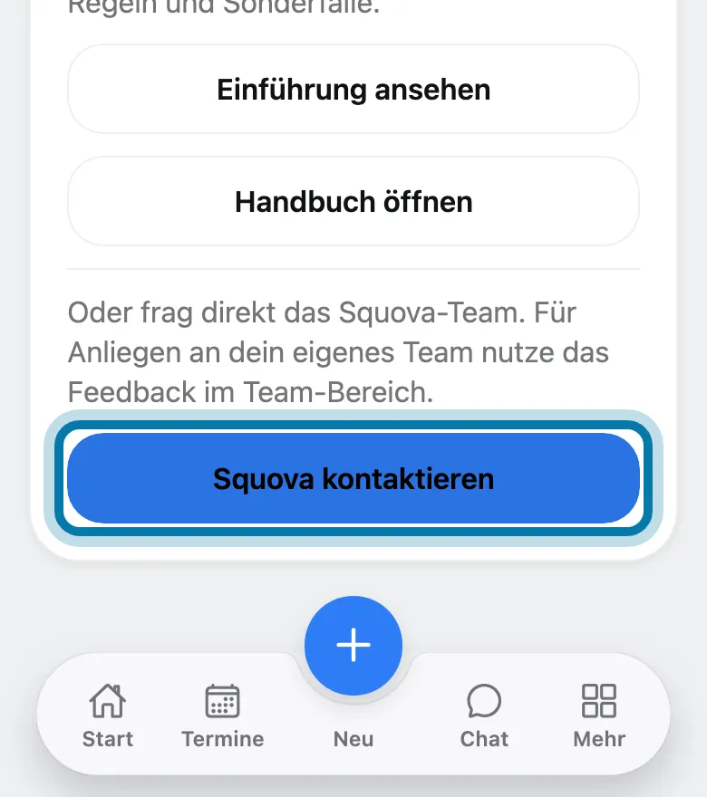 Die Hilfe in Squova mit dem Knopf Squova kontaktieren