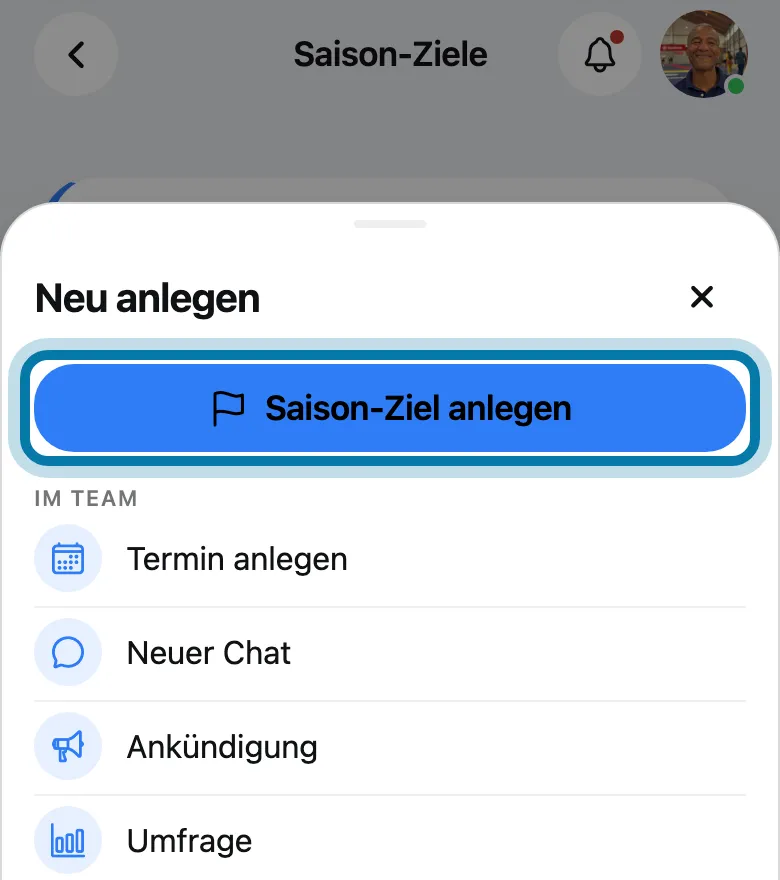 Tippe auf Saison-Ziel anlegen.