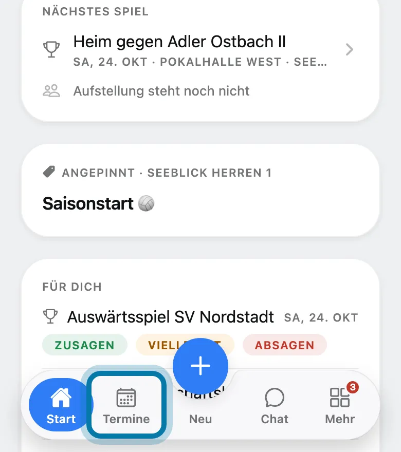 Tippe unten auf Termine.