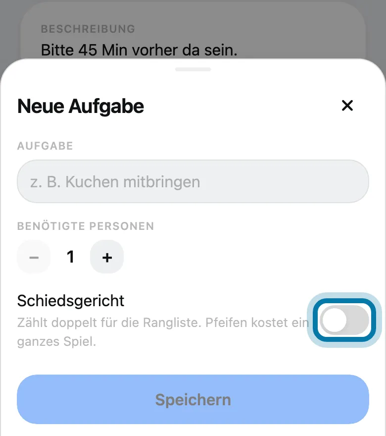 Leg den Schalter Schiedsgericht um und tippe auf Speichern.