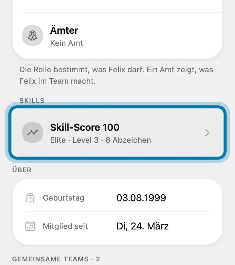 Tippe unter Skills auf die Zeile mit deinem Skill-Score.
