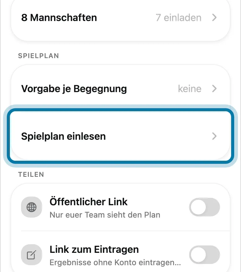 Tippe auf Spielplan einlesen.