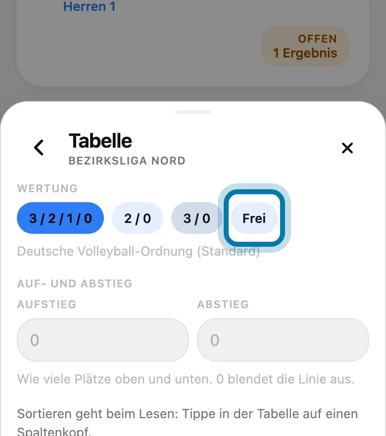 Wähle die Wertung deines Verbands, für eigene Zahlen Frei.