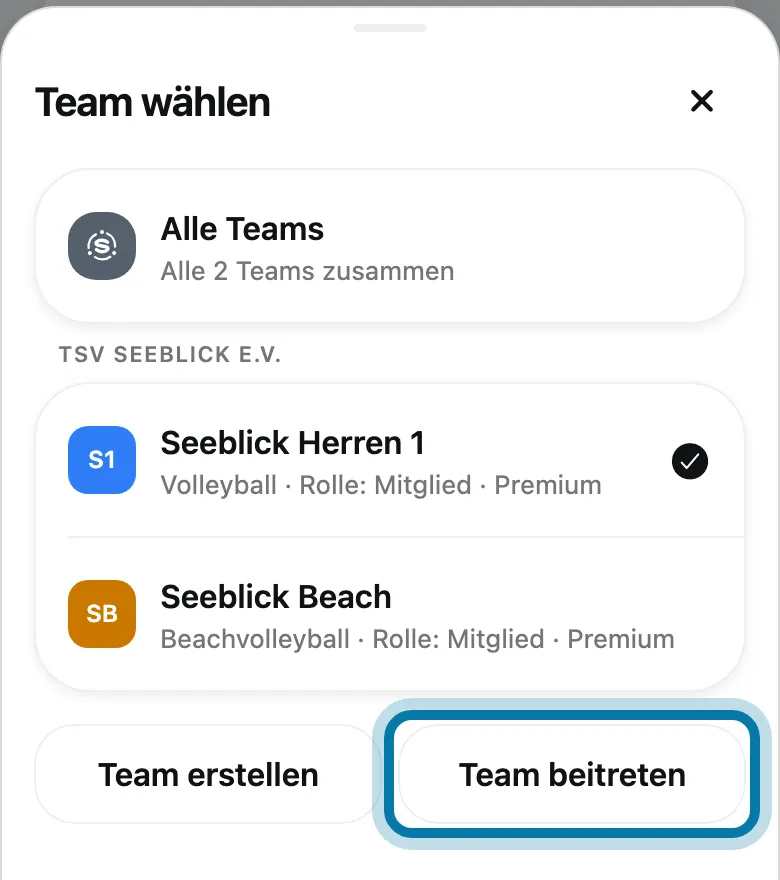 Tippe auf Team beitreten.