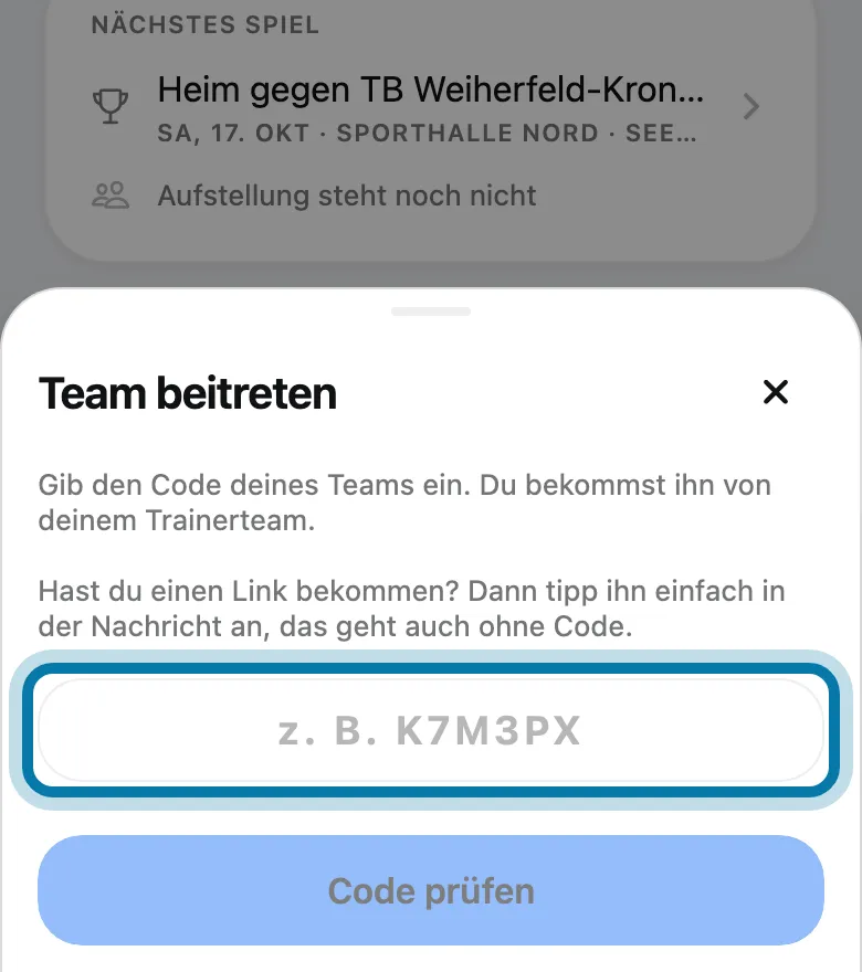 Das Feld für den Beitritts-Code in der App
