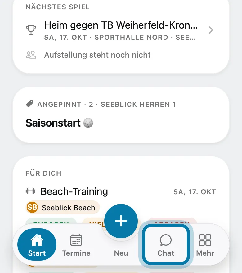 Tippe unten auf Chat.