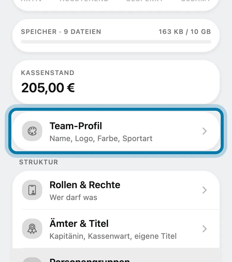 Tippe ganz oben auf Team-Profil.