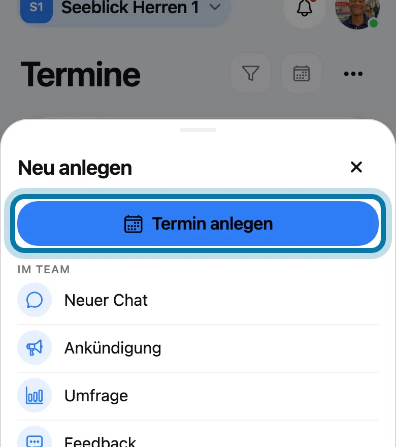 Tippe auf Termin anlegen.