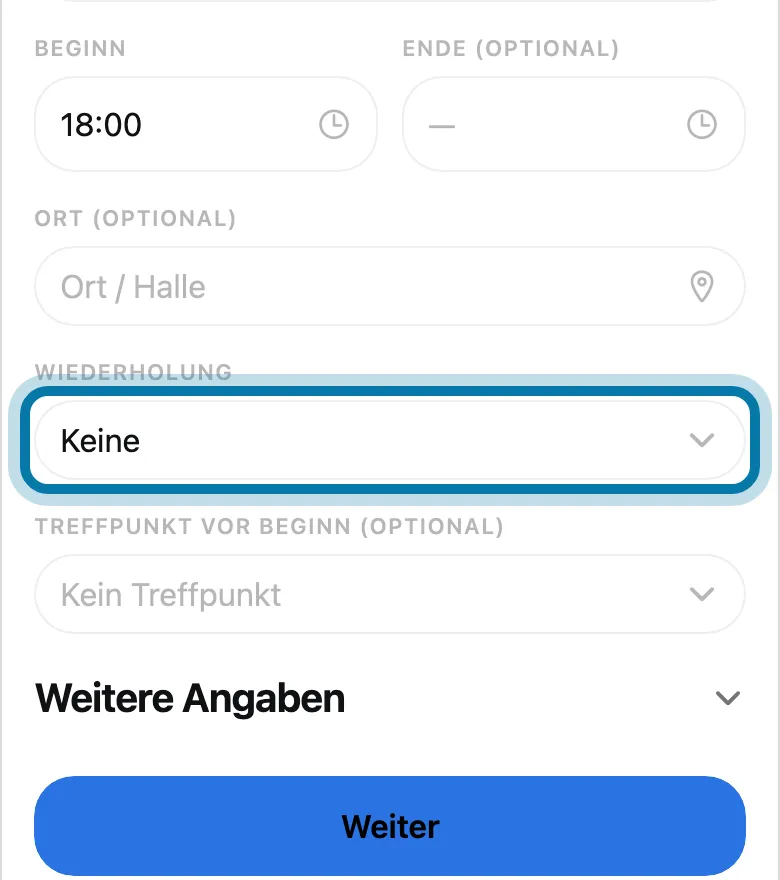Tippe beim Anlegen eines Termins im Schritt Wann & Wo unter Wiederholung auf Keine.