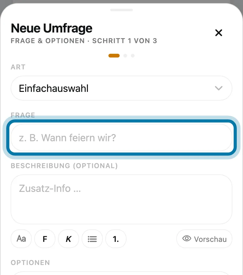 Gib deine Frage ein, etwa „Wann feiern wir das Sommerfest?“.