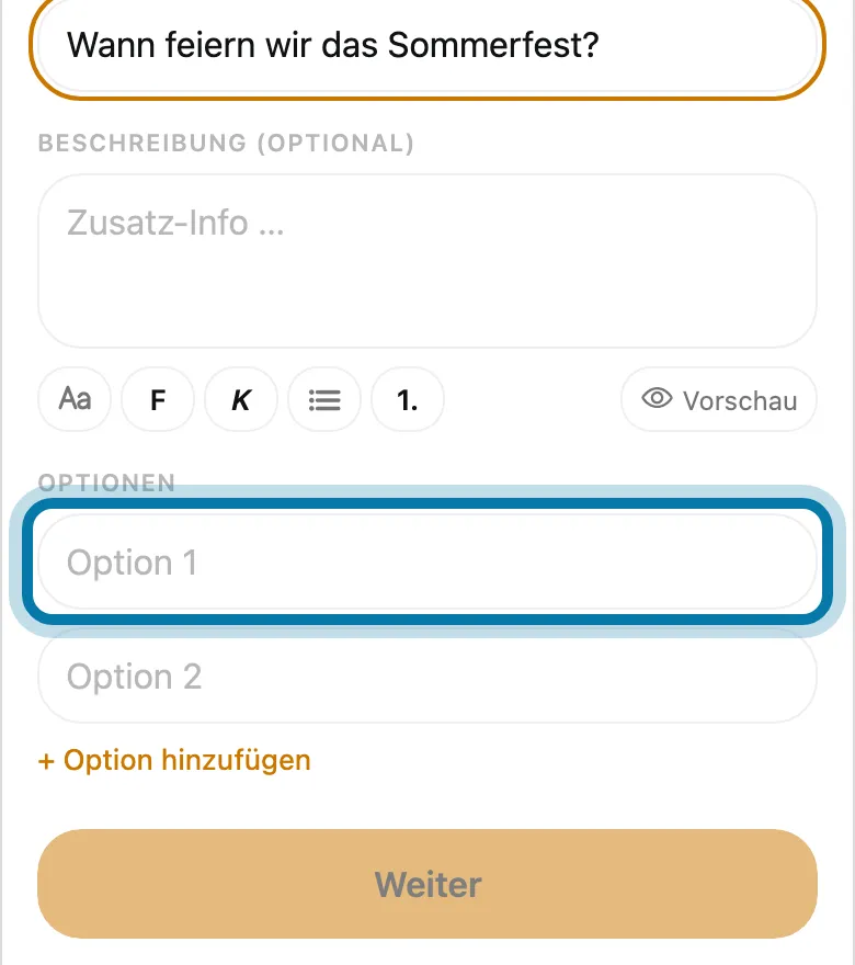 Trag darunter mindestens zwei Antworten ein.