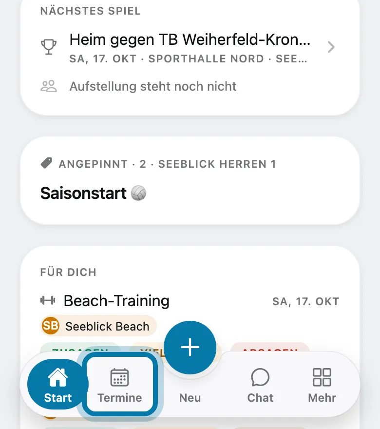 Tippe unten auf Termine.