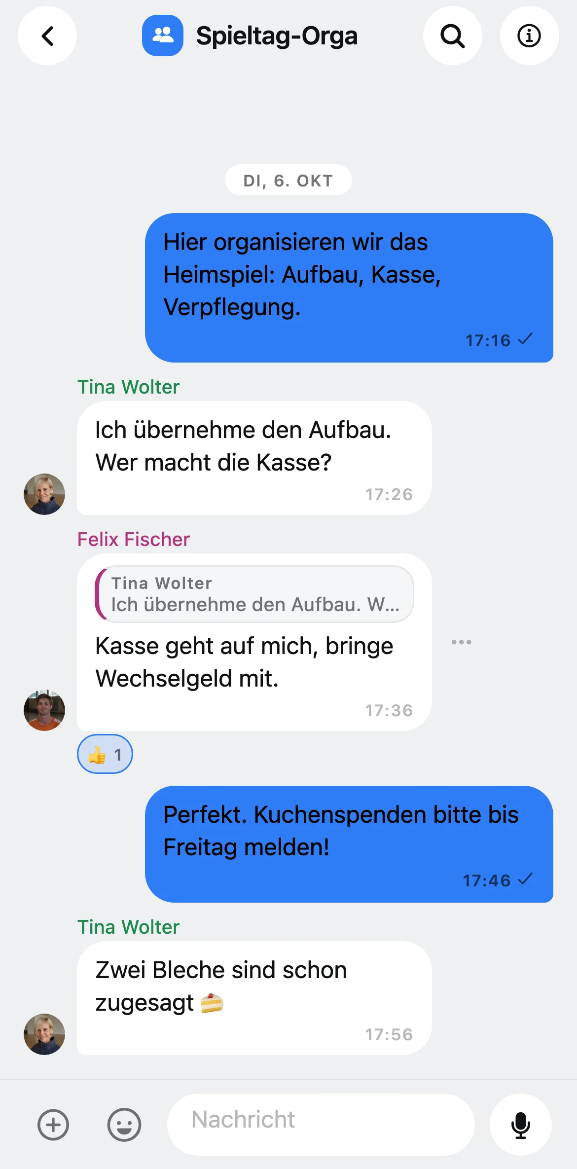 Gruppen-Unterhaltung in Squova mit Antworten und Reaktionen