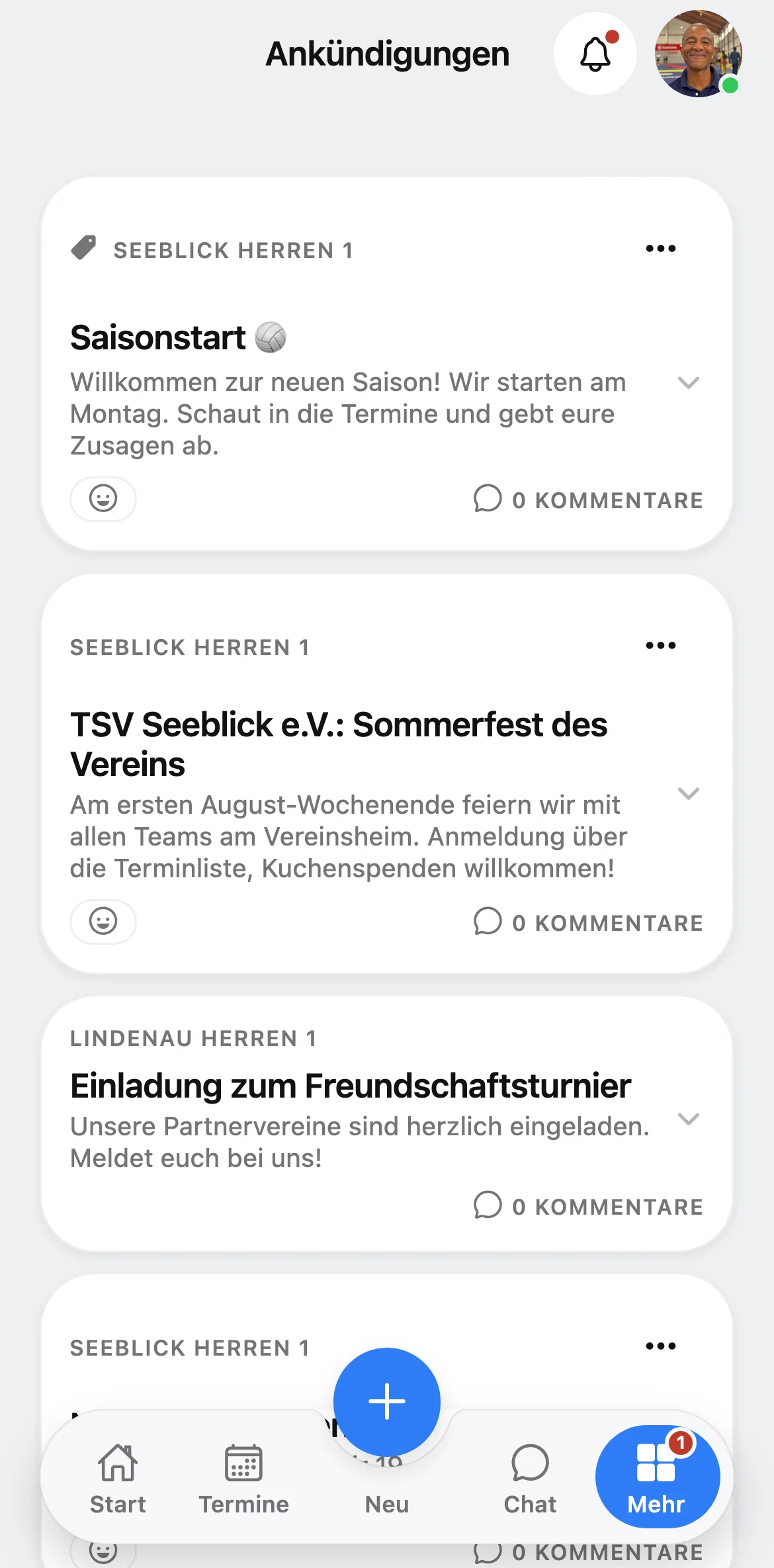Squova auf dem Handy: das Menü einer Ankündigung mit Anheften und Als Vorlage speichern