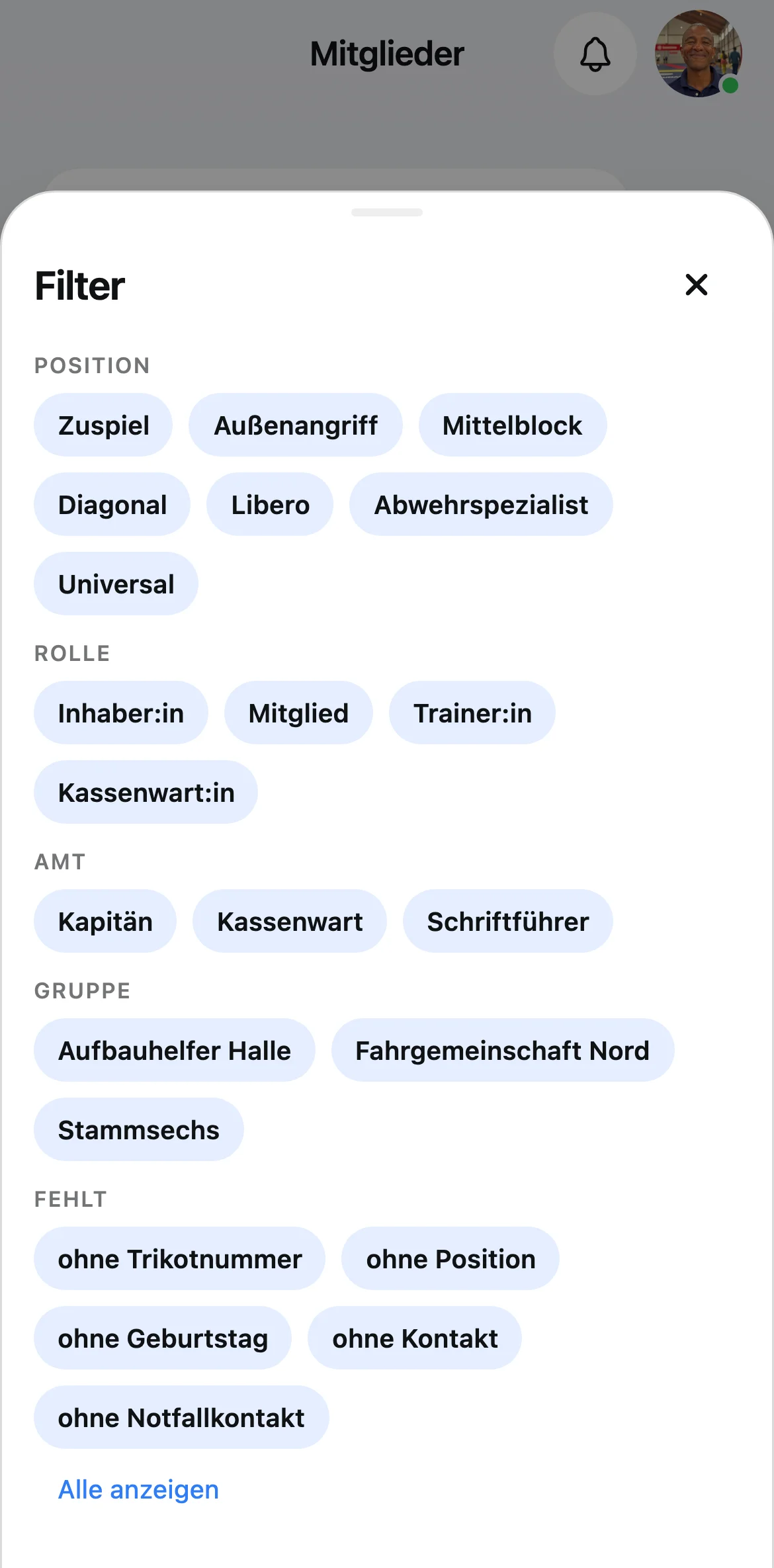 Squova auf dem Handy: Filtern des Kaders nach der Position Mittelblock