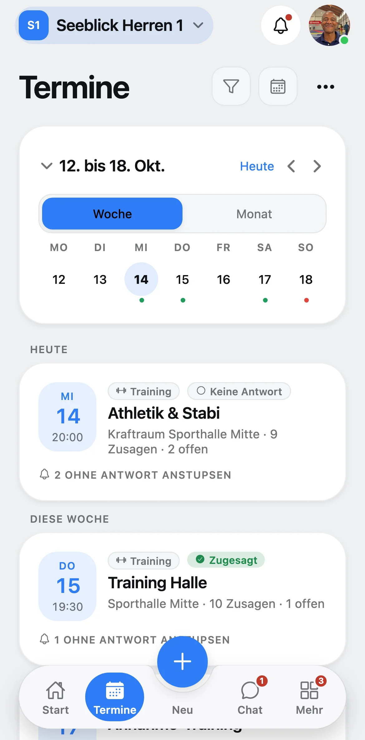 Squova: Klick auf „Neu anlegen“ öffnet das Formular für einen neuen Termin