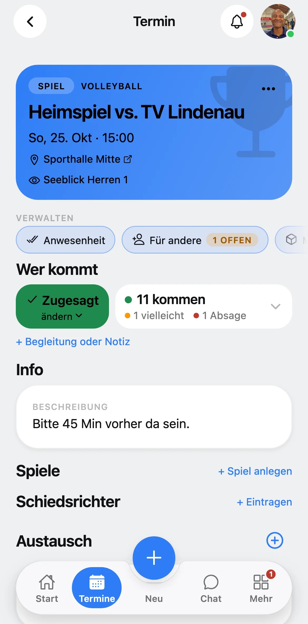 Squova: die Anwesenheit eines Termins wird geöffnet und erfasst