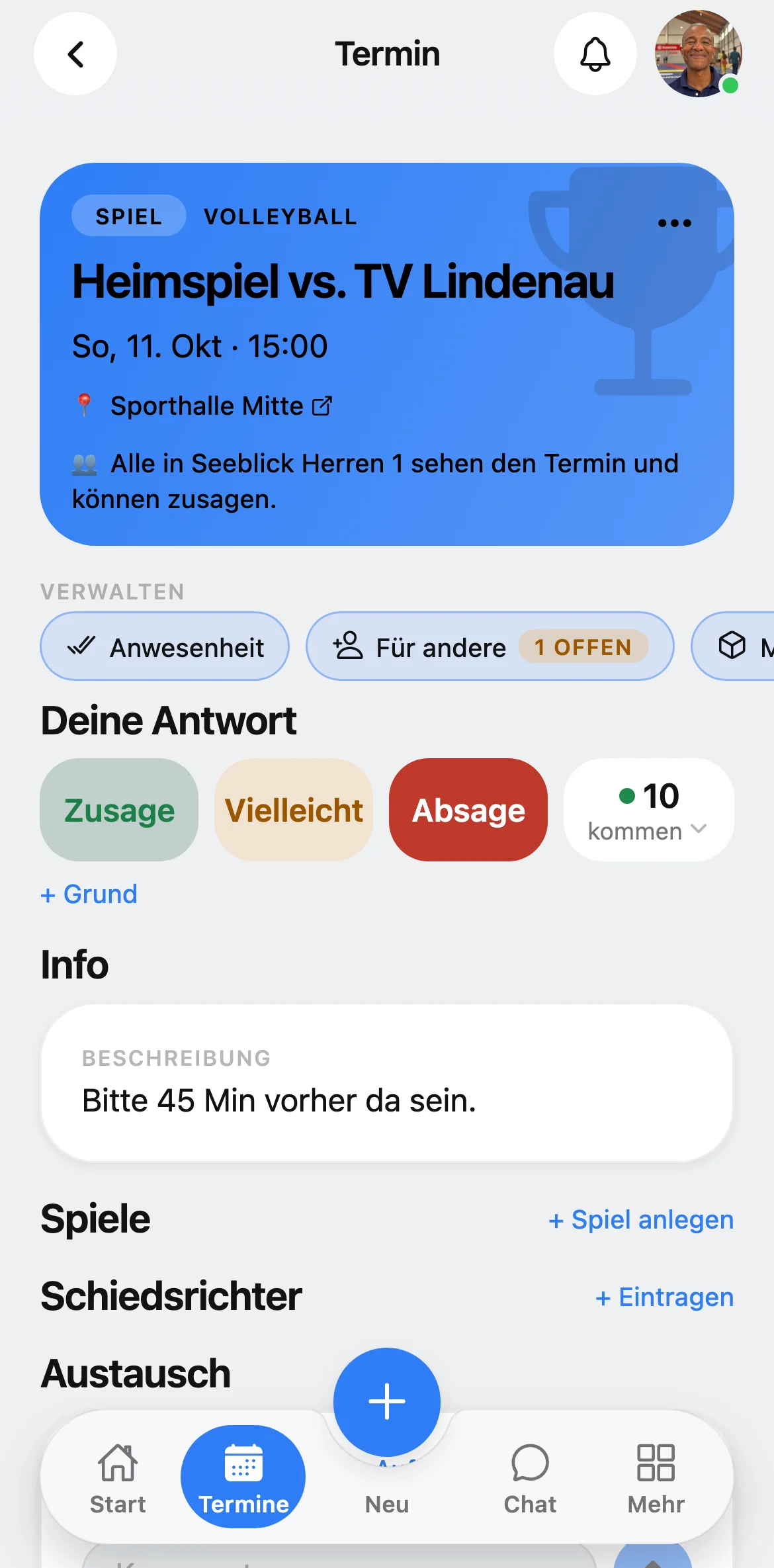 Squova auf dem Handy: eine Zusage wird mit einem Tipp gesetzt, der Zähler springt mit