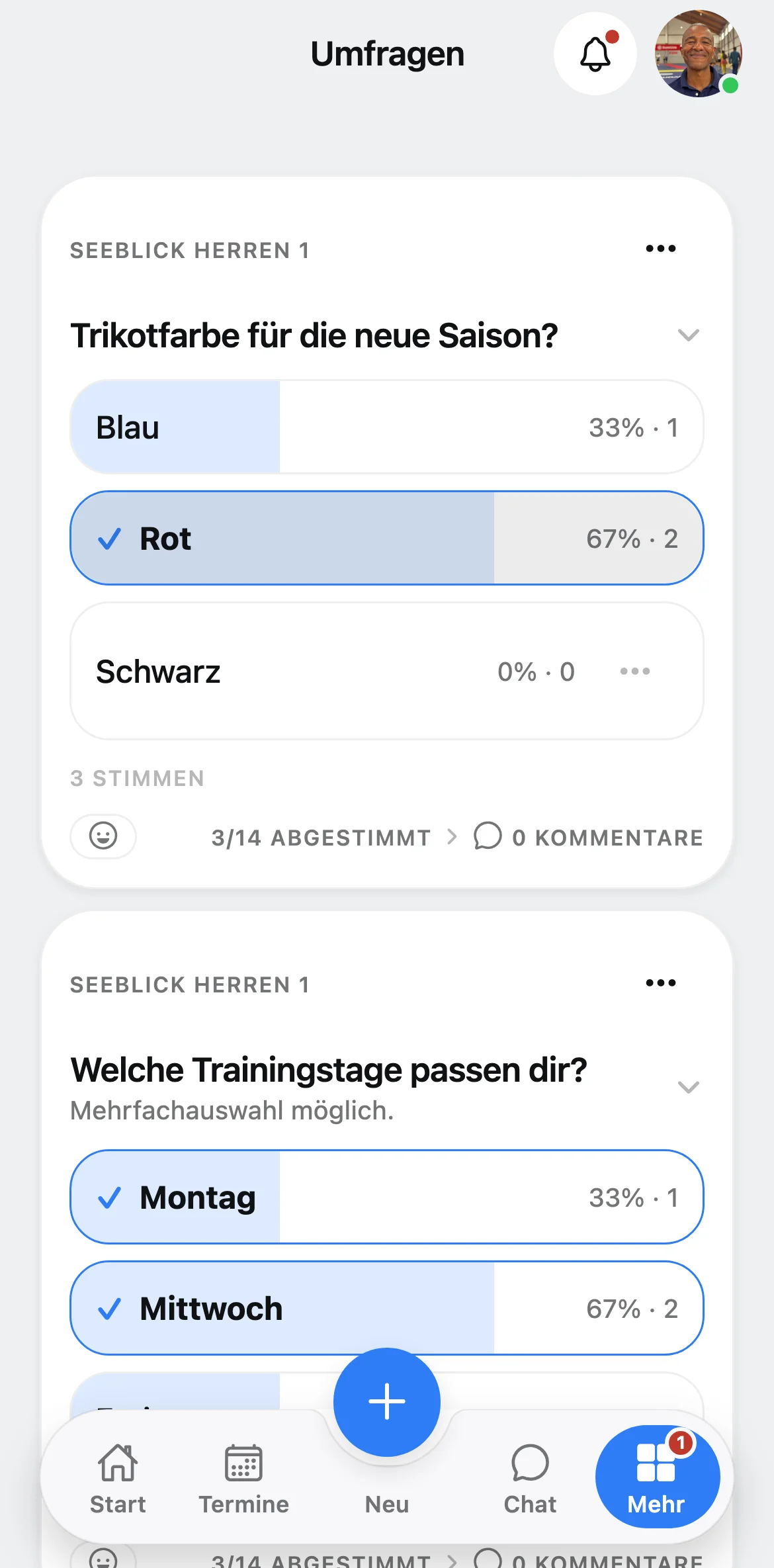 Squova auf dem Handy: in einer Umfrage wird abgestimmt, der Balken springt mit