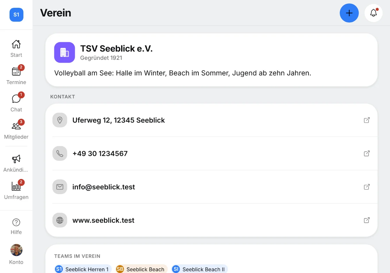 Squova: vom Team in die Vereins-Sicht, dort alle Teams des Vereins auf einen Blick