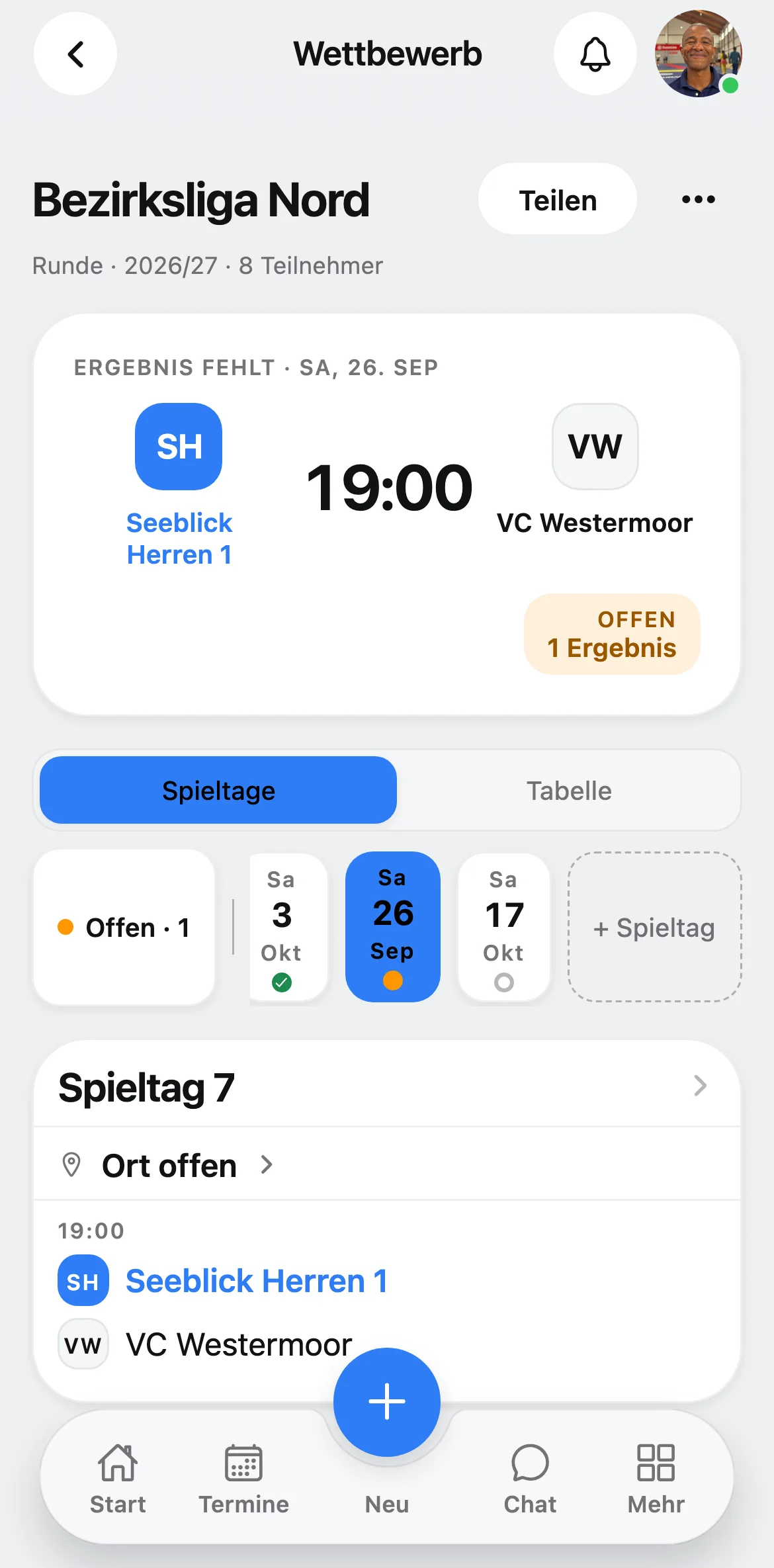 Squova: Umschalten vom Spielplan auf die Tabelle mit Satzbilanz, Quotient und Punkten