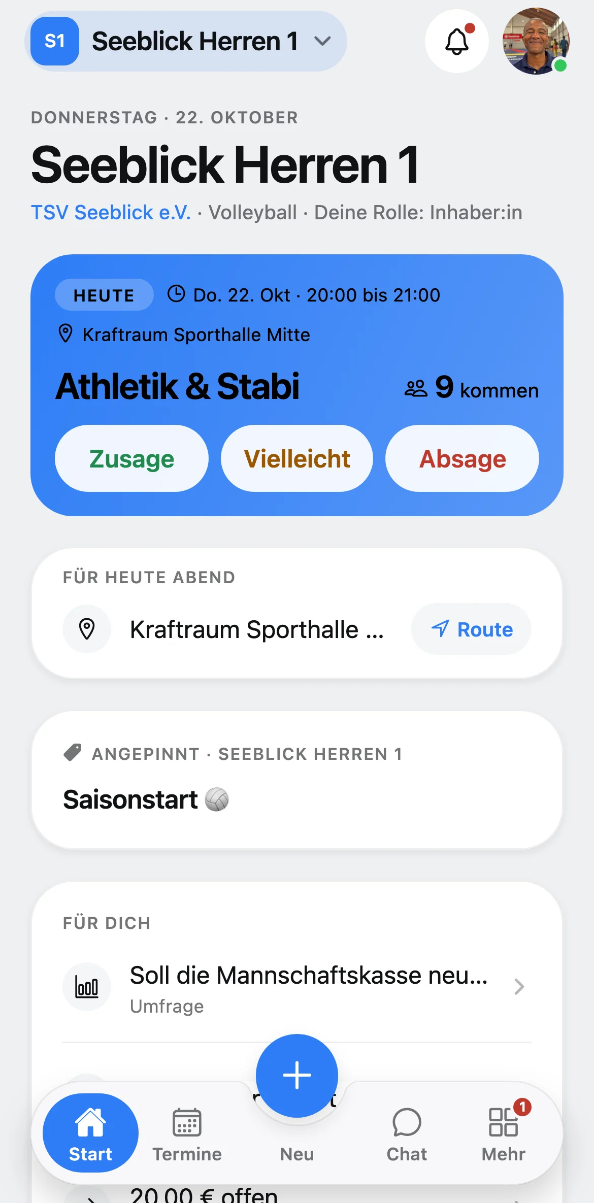 Der Startbildschirm von Squova auf dem Telefon: Seeblick Herren 1, oben der Termin, der gerade ansteht, mit den Zusagen, darunter, was für dich ansteht.