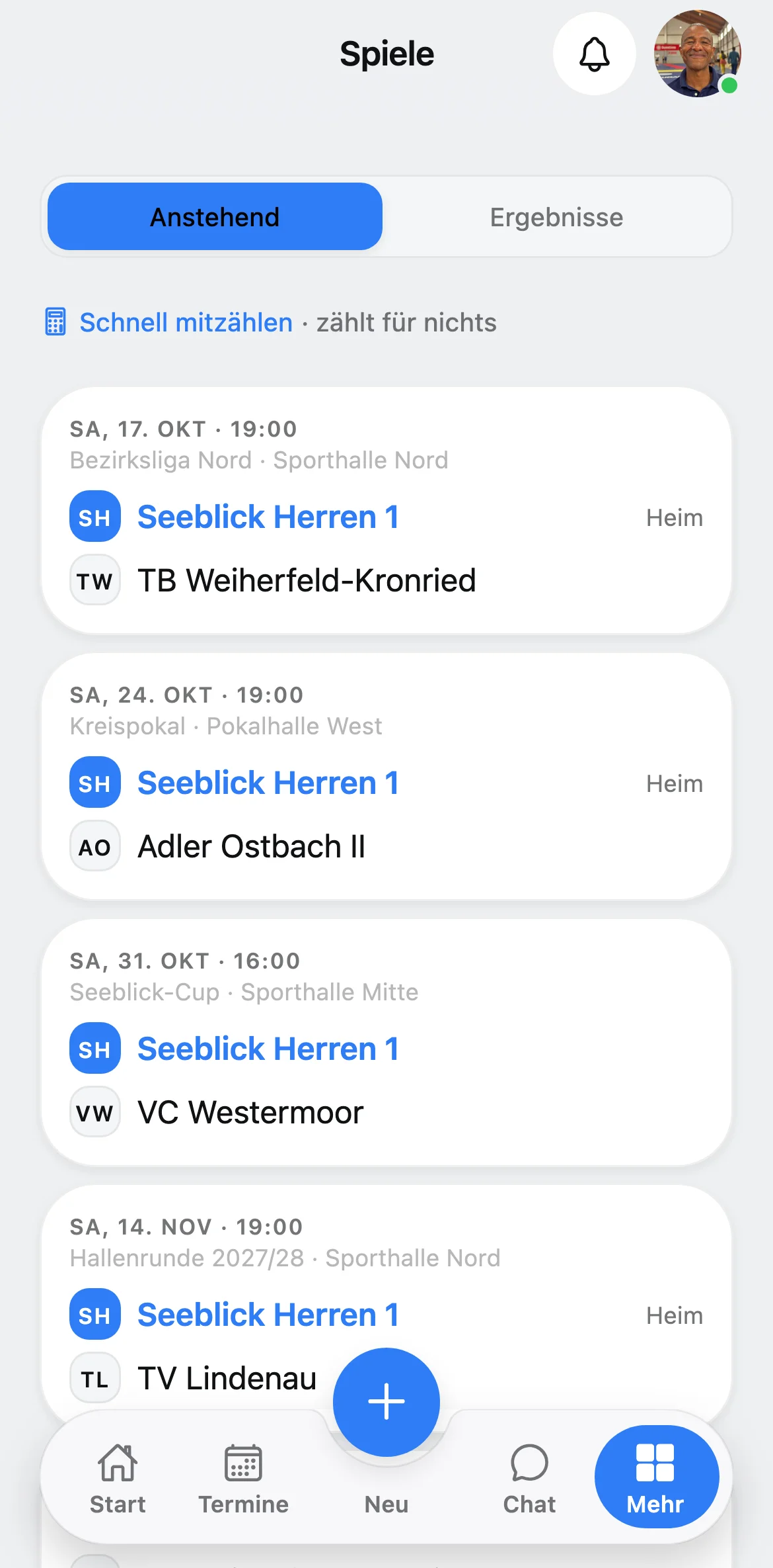 Die Spieleliste in Squova auf dem Telefon: die nächsten Spiele aus Liga, Pokal und Turnier.