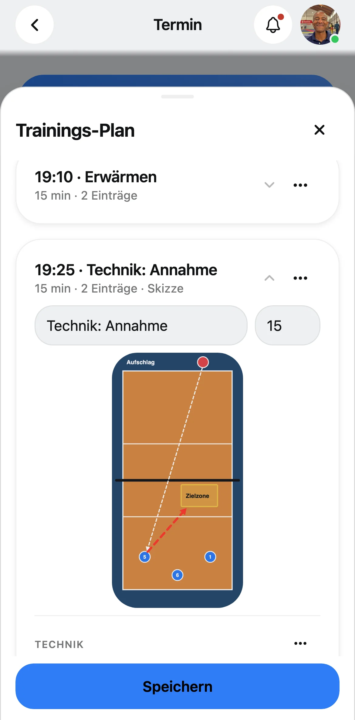 Squova auf dem Handy: Trainings-Plan, eine Phase aufgeklappt mit der Skizze des Aufbaus