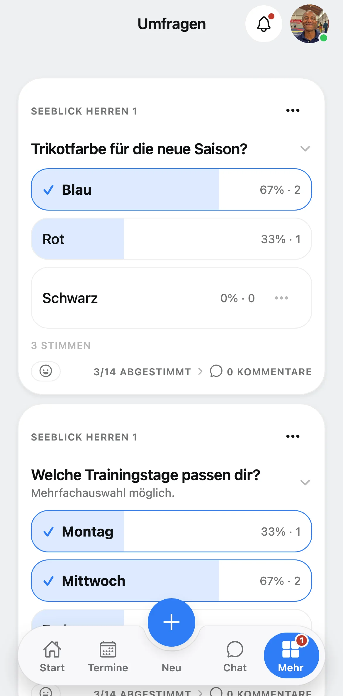 Umfragen-Liste in Squova auf dem Handy mit laufender Abstimmung und Ergebnisbalken