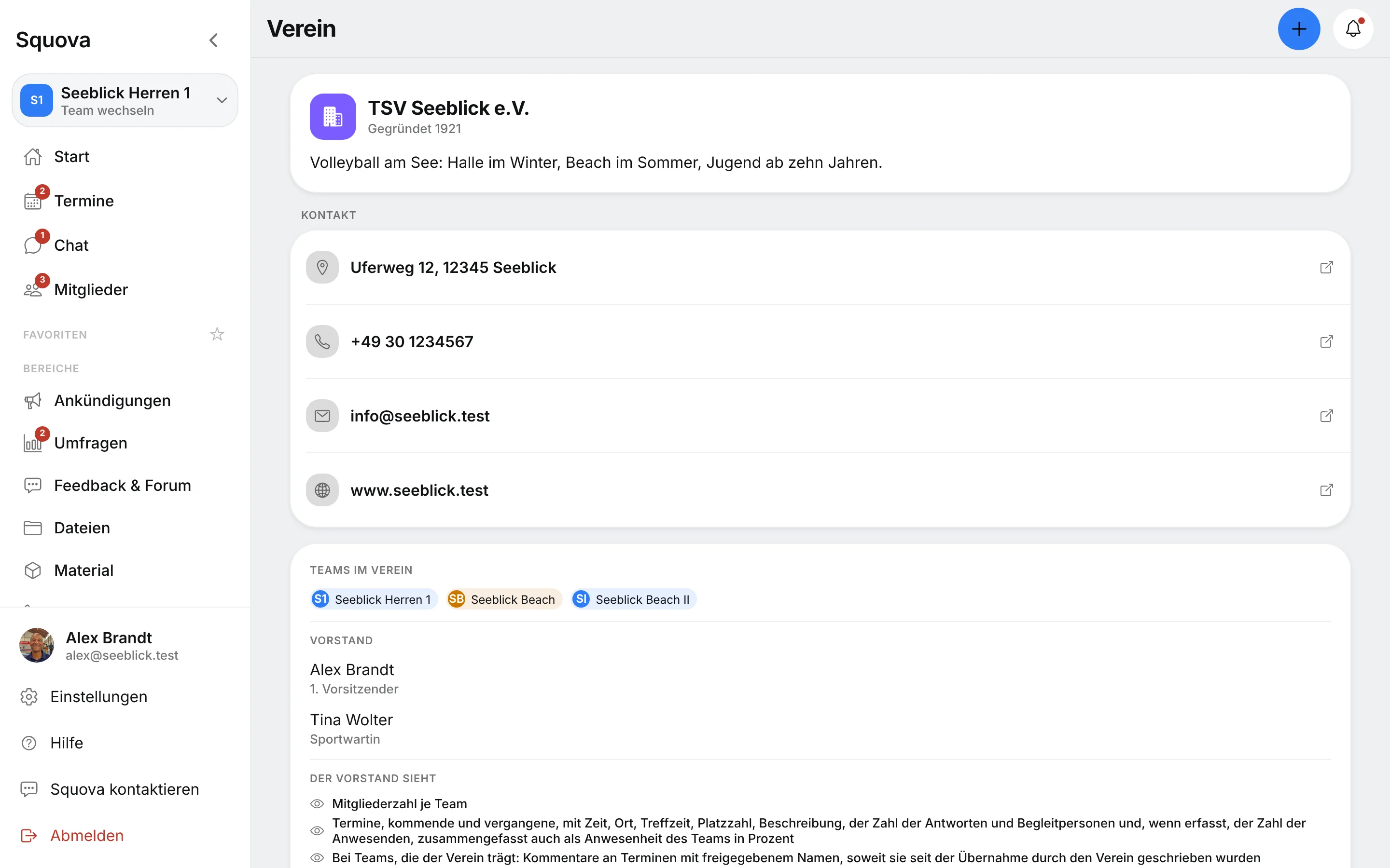 Der Verein in Squova: Visitenkarte mit Kontakt, darunter Teams im Verein, Vorstand und was er über das Team sieht